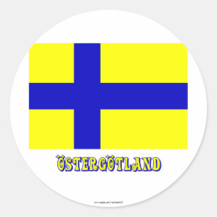 vlag van Östergötland met naam (niet-officieel) Ronde Sticker
