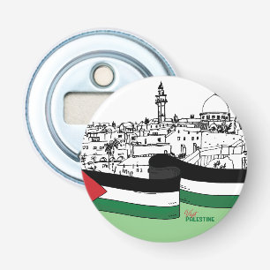 Vlag van Palestina en oude huizen met de hand gete Button Flesopener
