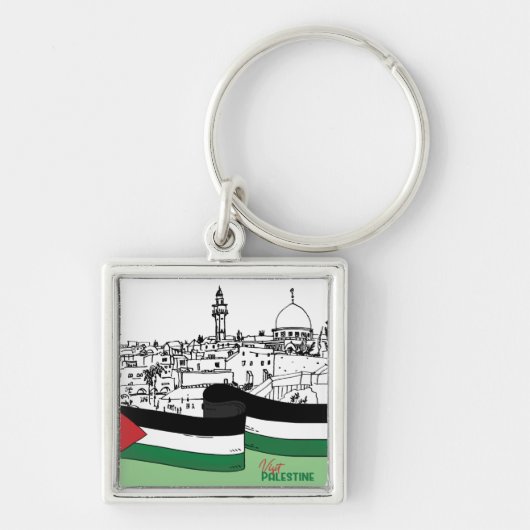 Vlag van Palestina en oude huizen met de hand gete Sleutelhanger (Voorkant)