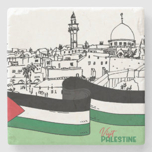 Vlag van Palestina en oude huizen met de hand gete Stenen Onderzetter