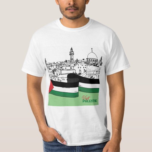 Vlag van Palestina en oude huizen met de hand gete T-shirt (Voorkant)
