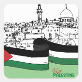 Vlag van Palestina en oude huizen met de hand gete Vierkante Sticker (Voorkant)