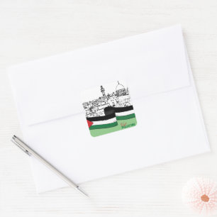 Vlag van Palestina en oude huizen met de hand gete Vierkante Sticker