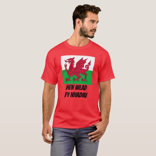 Vlag van Wales en welsh text Hen Wlad Fy Nhadau T-shirt (Voorkant volledig)