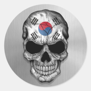 Vlag van Zuid-Korea op een stalen schedel Ronde Sticker
