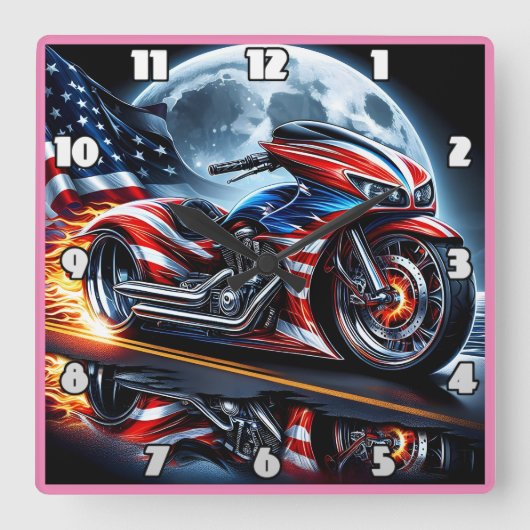 Vlag-versierde levendige motorfiets vierkante klok (Voorkant)