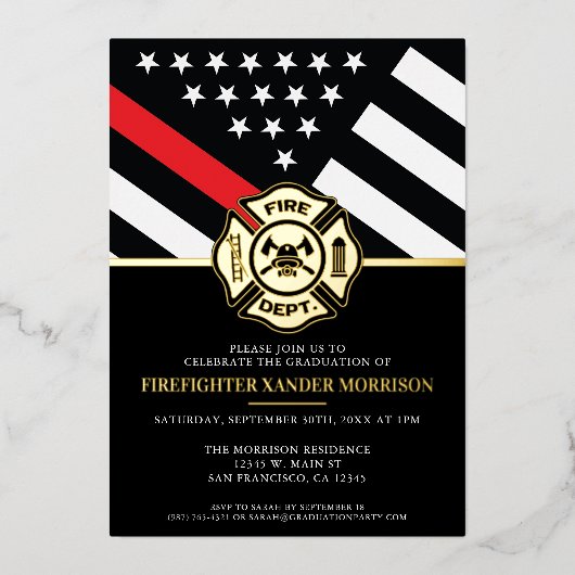 Vlag Vuurman Afstuderen brandweerschip rode lijn Folie Uitnodiging (Voorkant)