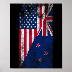 Vlaggen van de VS en Nieuw-Zeeland - Amerikaans Ki Poster