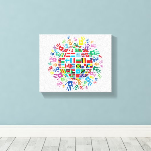 Vlaggen van de wereld met kleurrijke handafdrukken canvas afdruk (Insitu (Houten vloer))