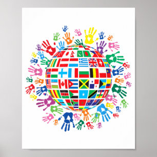 Vlaggen van de wereld met kleurrijke handafdrukken poster