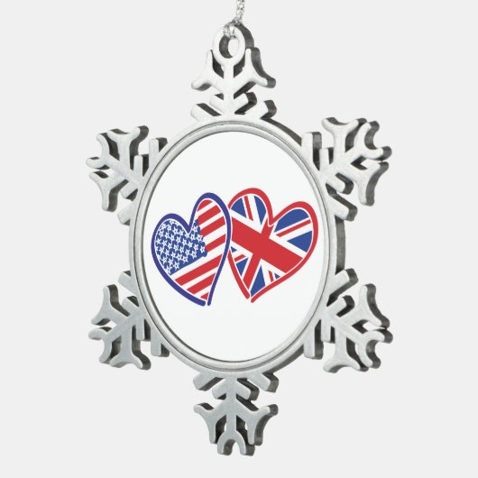 Vlaggenharten uit de VS en het VK Tin Sneeuwvlok Ornament (Rechts)