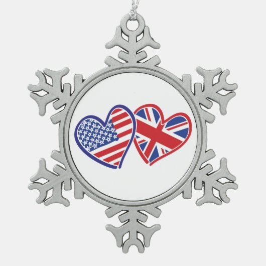 Vlaggenharten uit de VS en het VK Tin Sneeuwvlok Ornament (Voorkant)