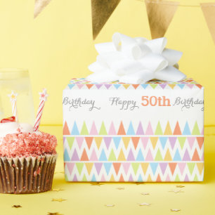 Vlaggenlijn witte verjaardag leeftijd 50 gebloemd cadeaupapier
