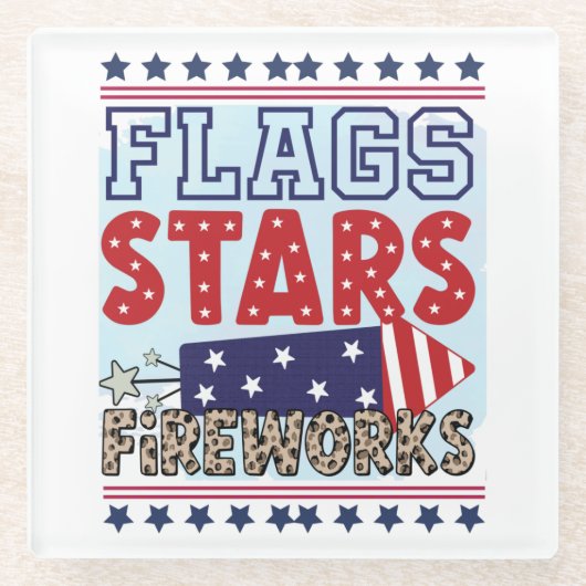 Vlaggensterren & Fireworks Patriottic US Independe Glazen Onderzetter (Voorkant)