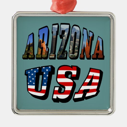 Vlagtekst van Arizona Afbeelding en VS Metalen Ornament (Voorkant)
