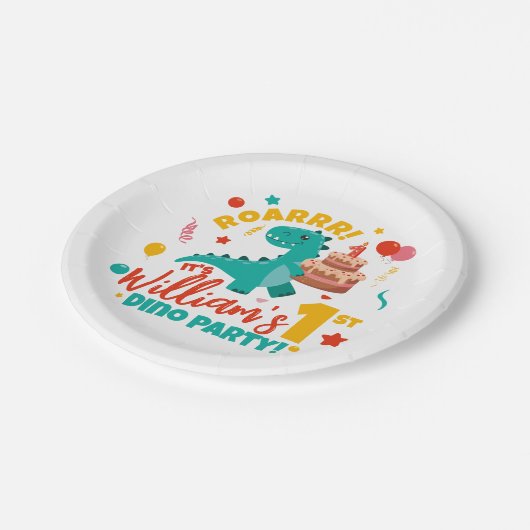 Vlak 1e verjaardag Dino Party Kleurrijk Papieren Bordje (Gekanteld)