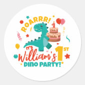 Vlak 1e verjaardag Dino Party Kleurrijk Ronde Sticker (Voorkant)