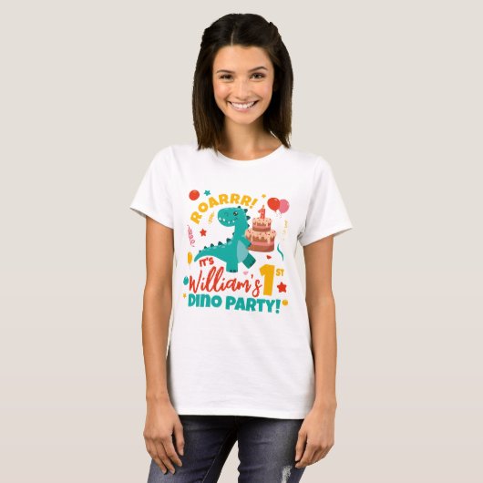 Vlak 1e verjaardag Dino Party Kleurrijk T-shirt (Voorkant volledig)