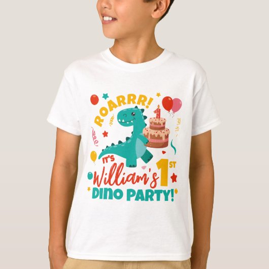 Vlak 1e verjaardag Dino Party Kleurrijk T-shirt (Voorkant)