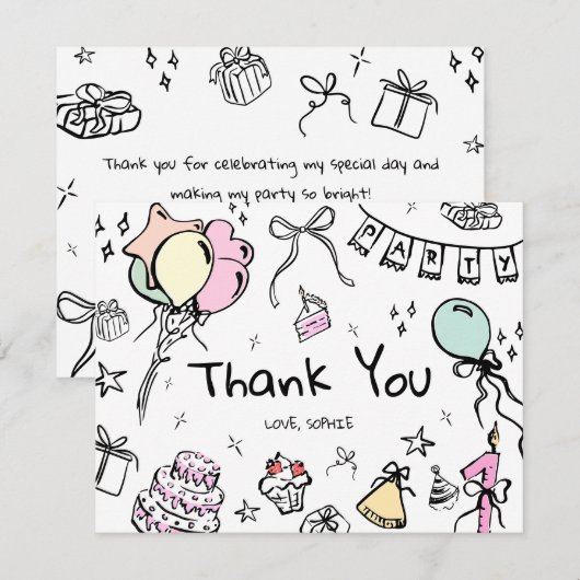 Vlak bedankkaartje, hand getekend bedankkaart (Voorkant / Achterkant)