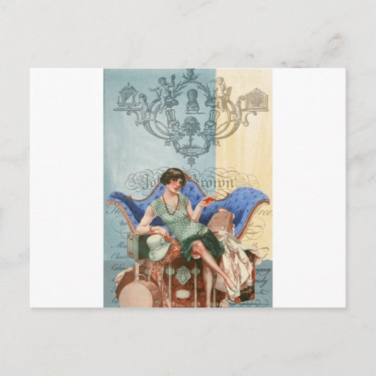 Vlak met koffers, reizen van 1920, kunstcollage briefkaart (Voorkant)