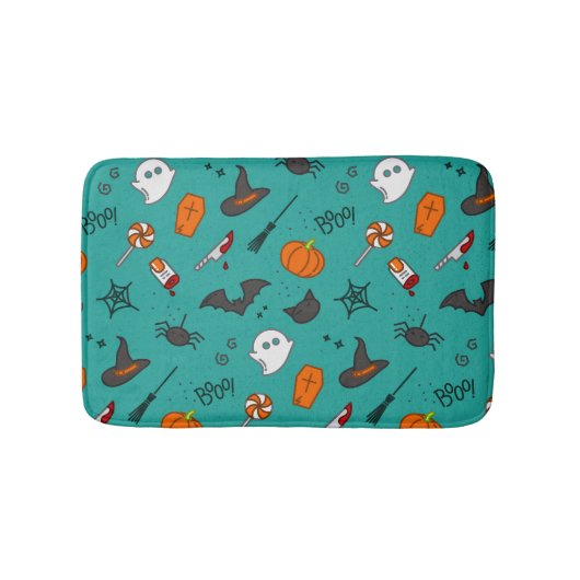 Vlak-Stijl Halloween Turquoise Patroon. Badmat (Voorkant)