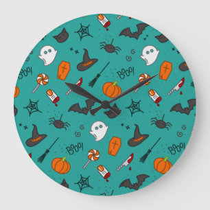 Vlak-Stijl Halloween Turquoise Patroon. Grote Klok