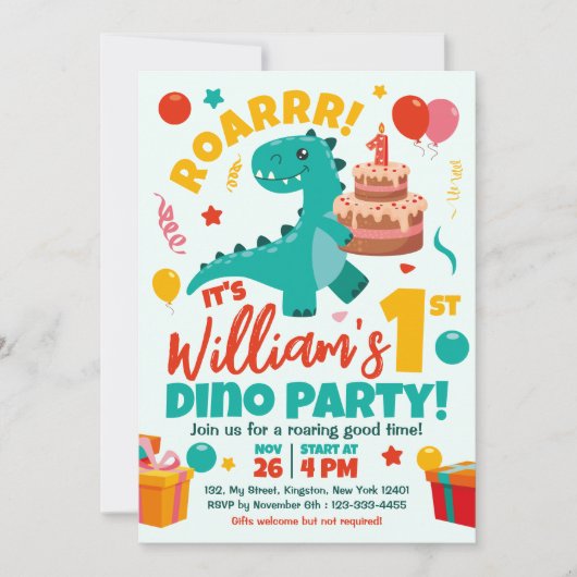 Vlakke Dinosaurussen 1e Verjaardag Kleurrijk Kaart (Voorkant)
