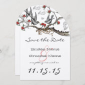 Vlam rood grijs vintage vogels trouw save the date kaart (Voorkant / Achterkant)