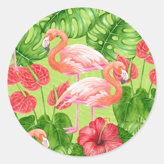 Vlamingvogels en tropische planten ronde sticker (Voorkant)