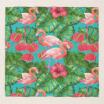 Vlamingvogels en waterverf van tropische tuinen sjaal<br><div class="desc">Flamingvogel,  flamingbloem,  monstera-bladeren en hibiscus werden op papier met waterverven geschilderd,  vervolgens gescand en het naadloze patroon werd gemaakt in Photoshop.</div>