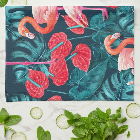 Vlamingvogels en waterverf van tropische tuinen theedoek (Gevouwen)