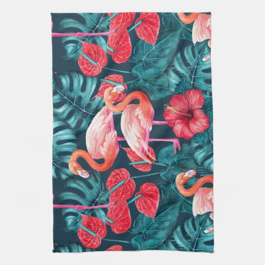 Vlamingvogels en waterverf van tropische tuinen theedoek (Verticaal)