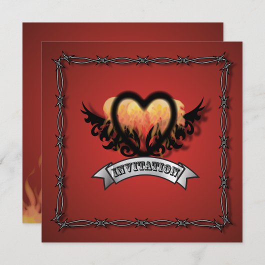 Vlammend Hart Rock N Roll Biker Huwelijksuitnodigi Kaart (Voorkant / Achterkant)