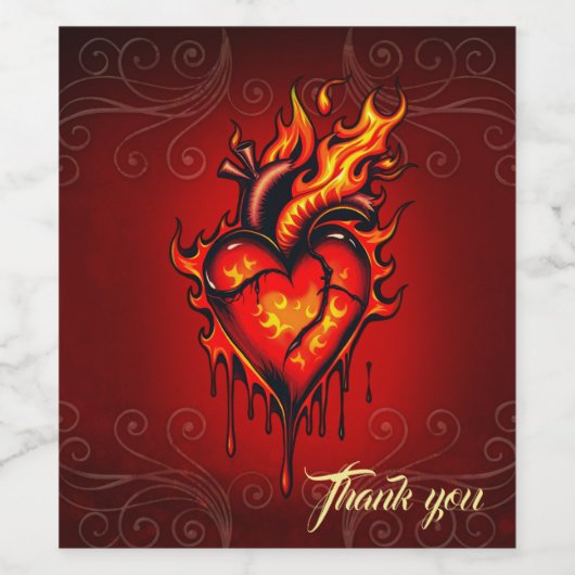 Vlammend hart. wijn etiket (Enkel label)
