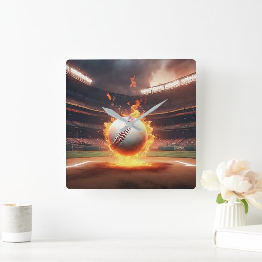 Vlammend honkbal in stadion vierkante klok (Huis)