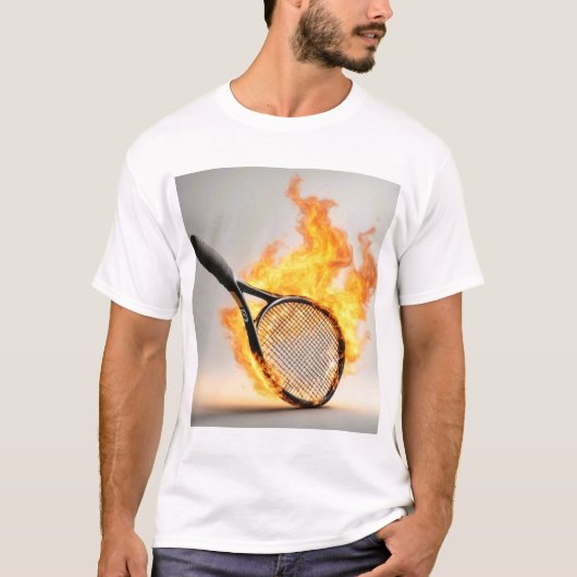 Vlammend tennisracket met achtergrond t-shirt (Voorkant)