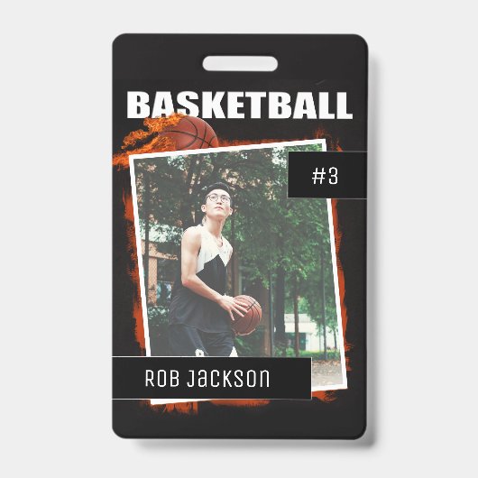 Vlammende basketbal gepersonaliseerde fotobadge badge (Voorzijde)