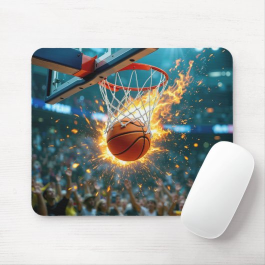 Vlammende basketbal in het net muismat (Met muis)