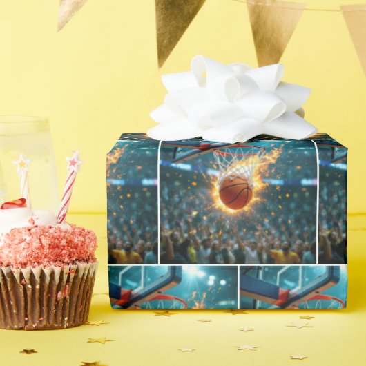 Vlammende basketbal schietend in het net cadeaupapier (Verjaardagsfeest)