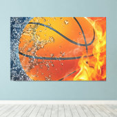 Vlammende basketbalworp kussen canvas afdruk (Insitu (Houten vloer))