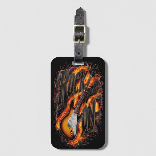 Vlammende elektrische gitaar met gedurfde tekst bagagelabel (Voorkant (verticaal))