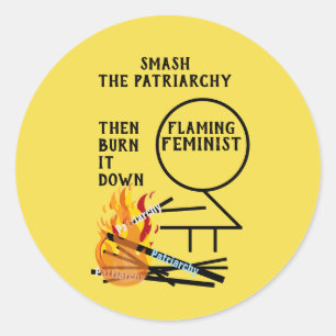 vlammende feminist slaat patriarchaat in elkaar ronde sticker