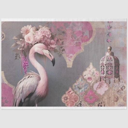 Vlammende Flamingo Bloem- en Arabesklantaarn Tissuepapier (Voorkant)