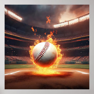 Vlammende honkbal in stadion poster