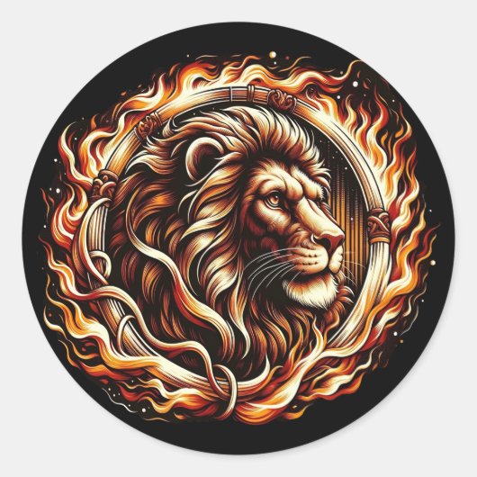 Vlammende Leeuw in Ring van Vuur Vlammen Astrologi Ronde Sticker (Voorkant)