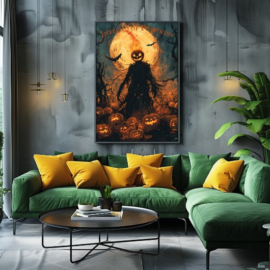 Vlammende Pompoenkop Vogelverschrikker Halloween J Poster