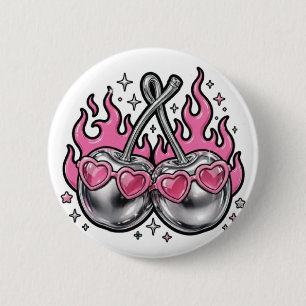 Vlammende Zilveren Kersen - Chrome Kers Op Vuur Y2 Ronde Button 5,7 Cm