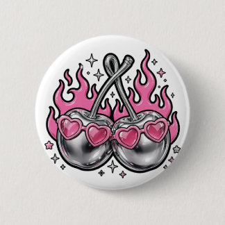 Vlammende Zilveren Kersen - Chrome Kers Op Vuur Y2 Ronde Button 5,7 Cm