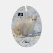 Vlampunts met blauwe ogen in de sneeuw metalen ornament (Voorkant links)